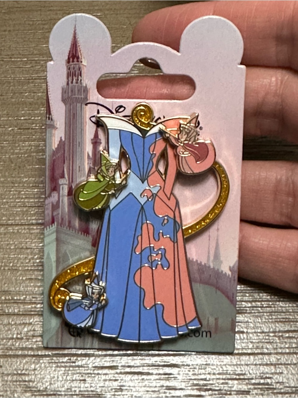 Disneyland Paris Aurora Dress Pin with 3 Fairies Sleeping Beauty Pink Blue